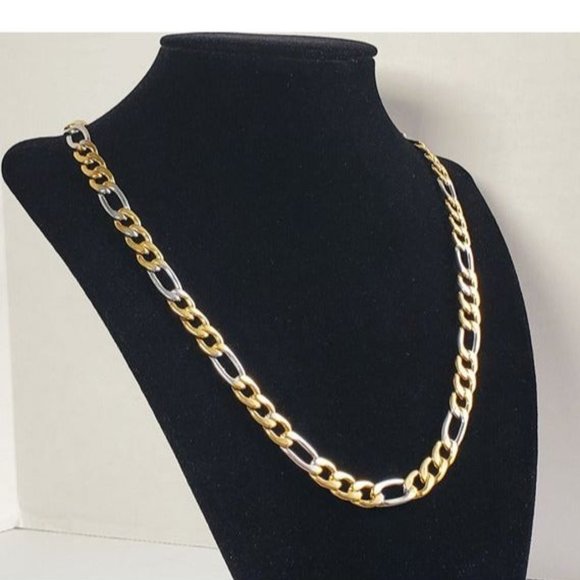 28" Womens 18K Gold Silver Mixed Two Tone Figaro Chain Link Necklace Jewelry 18 - Picture 3 of 4
